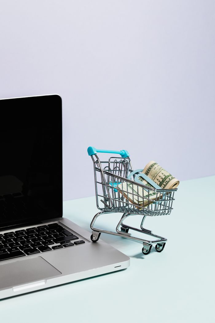 Home Mini shopping cart with rolled cash next to a laptop, representing online shopping.